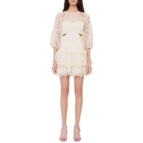 Maje 'Eyelet' Beige Cotton Ruffle Mini Dress Size 6
